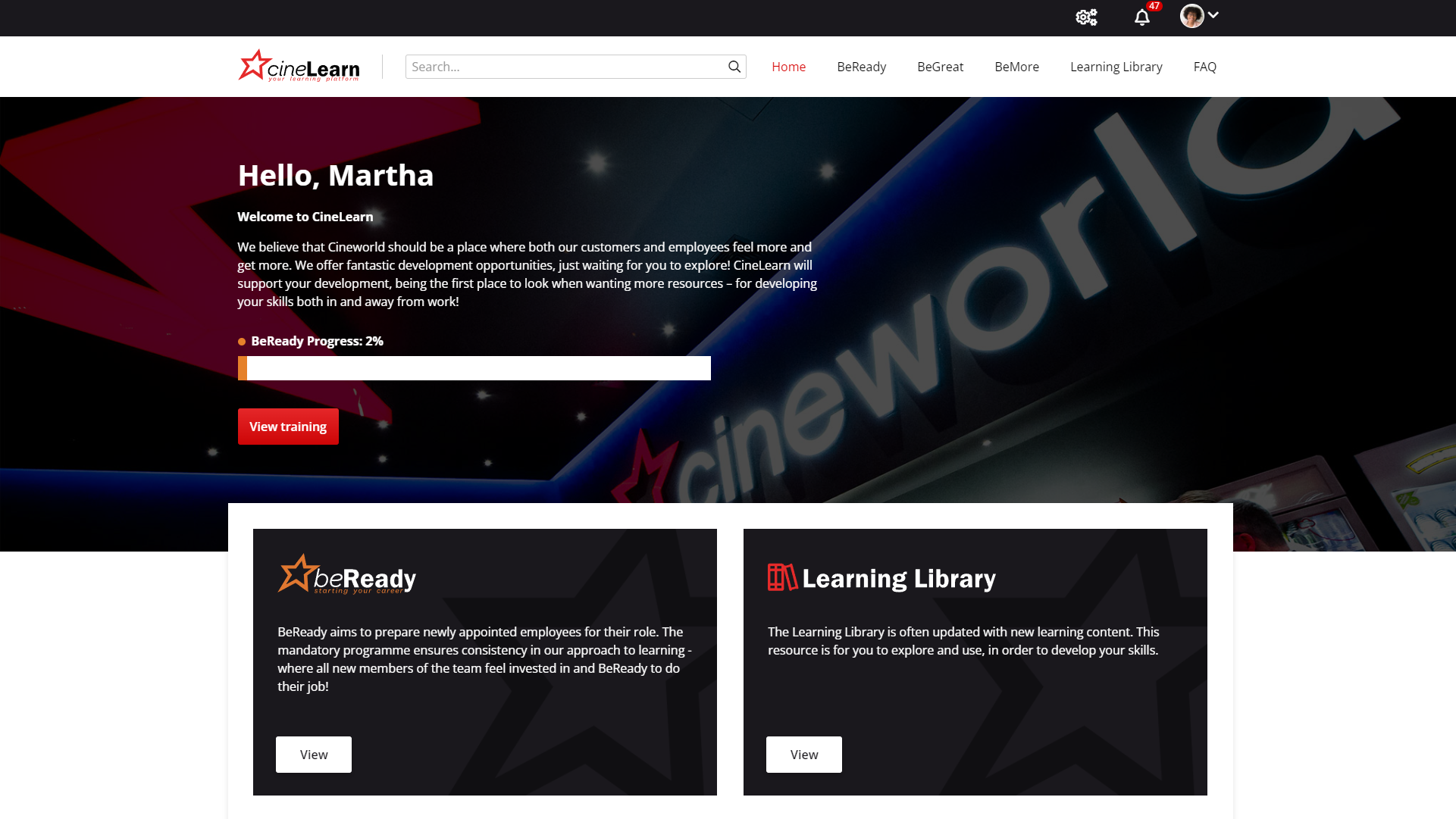 Screenshot of the Cineworld LMS homepage