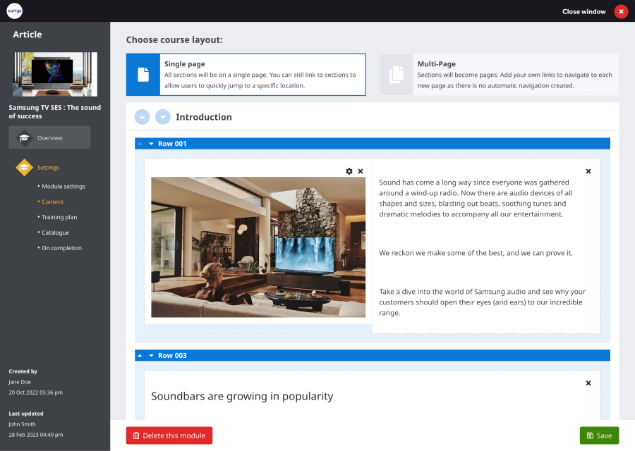 Screenshot of the Currys LMS administration page, building a new module