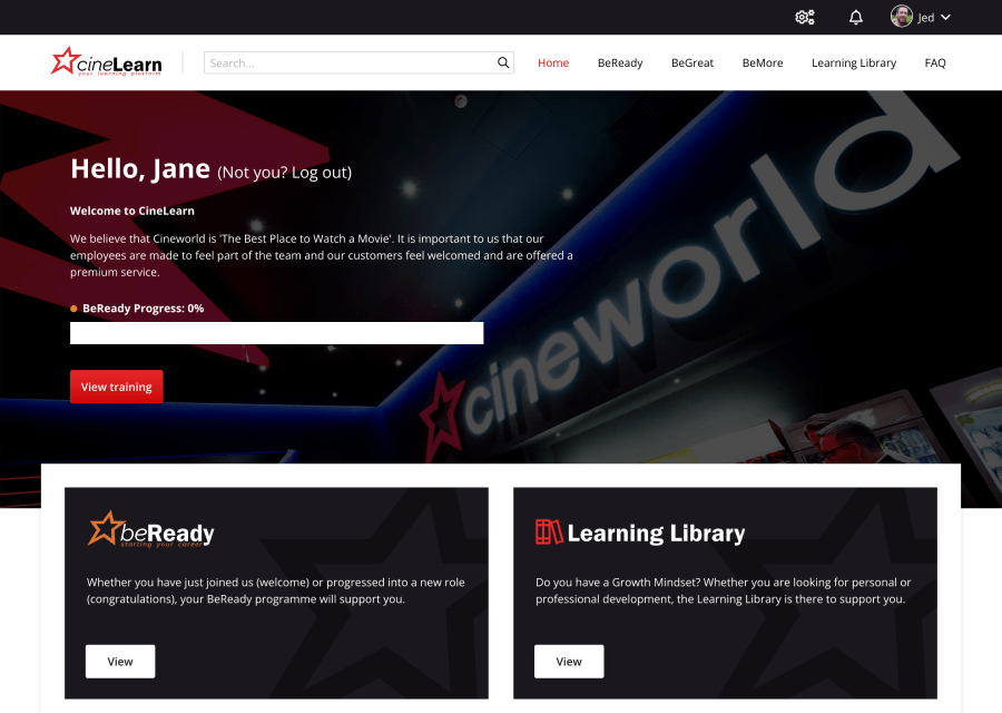 Screenshot of the Cineworld LMS welcoming a user after login