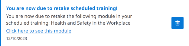 A screenshot of a notification in Academy Point. Informing the user that they are now due to retake scheduled training.