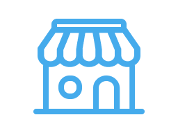 A blue icon of a retail stall